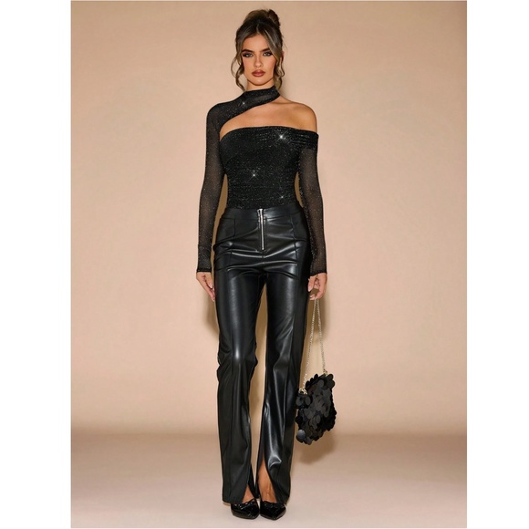 Black Glitter Lurex Asymmetrical Long Sleeve Slim Bodysuit - Picture 7 of 9